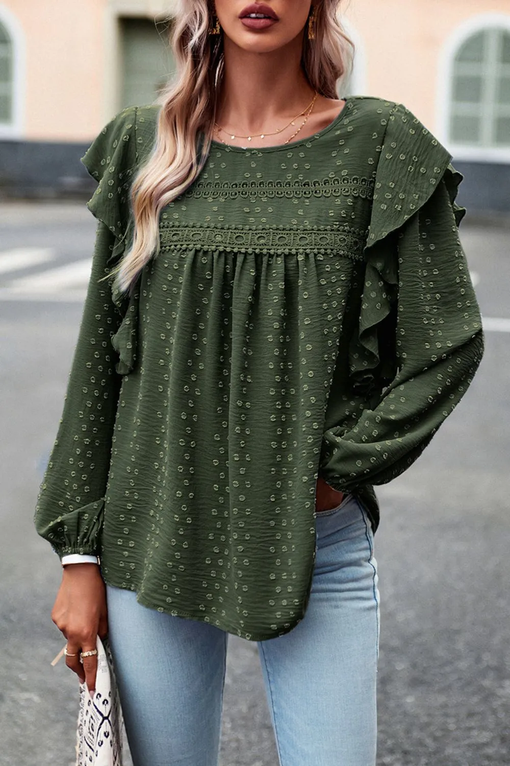 Ruffle Trim Balloon Sleeve Blouse