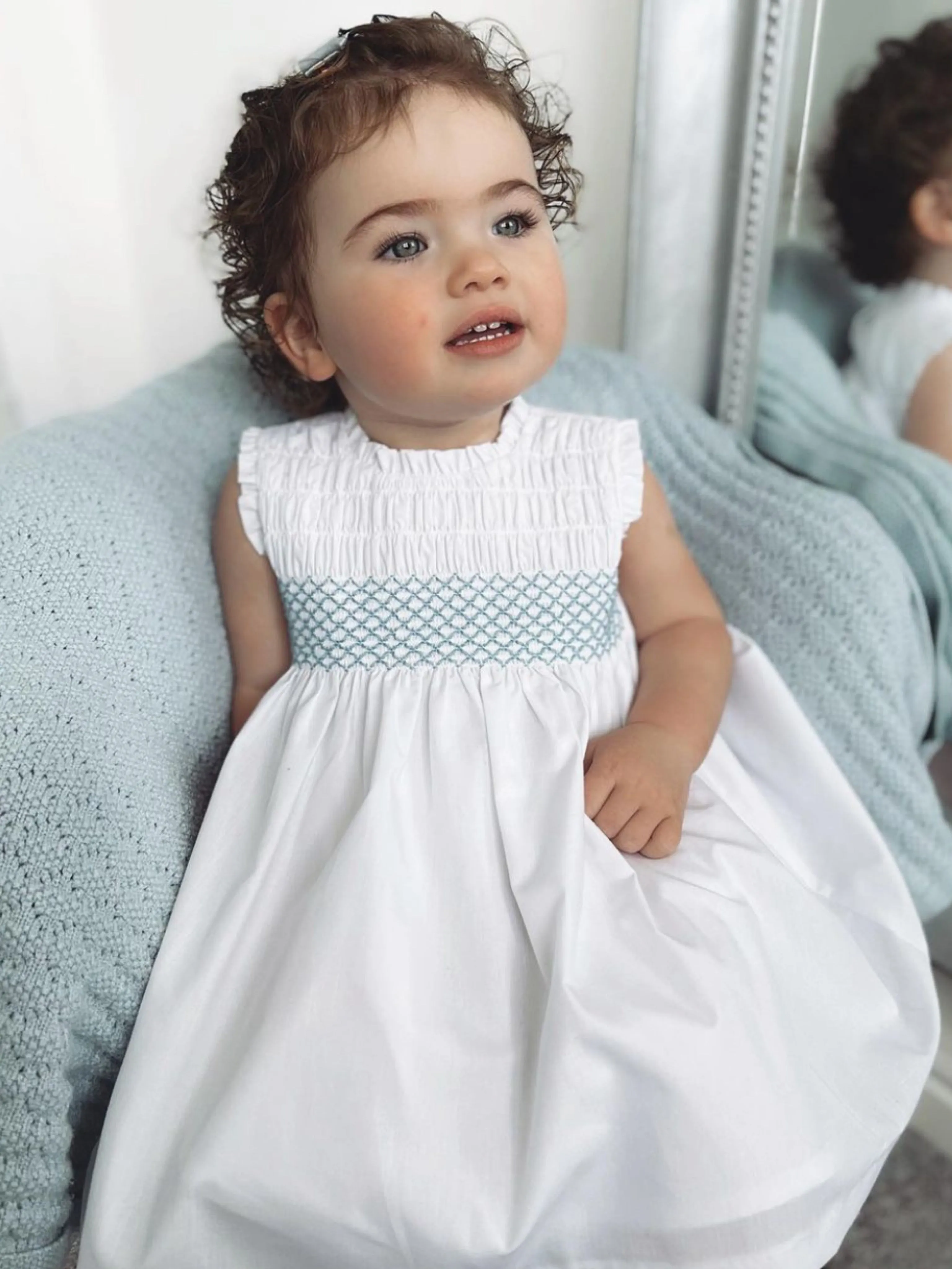 Sardon White & blue Smocked dress