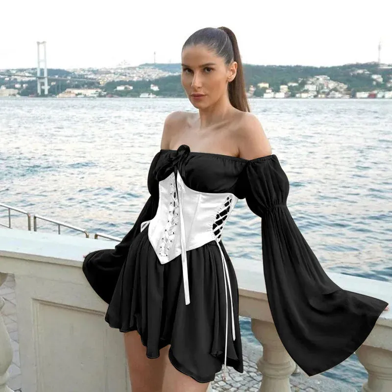 Shoulder Mesh Yarn Short Flare Sleeve Lace Up Corset Bustier A-line Evening Summer Off Dress