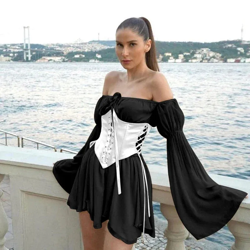 Shoulder Mesh Yarn Short Flare Sleeve Lace Up Corset Bustier A-line Evening Summer Off Dress