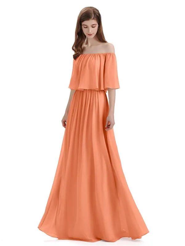 Simple A-Line Off The Shoulder Chiffon Long Bridesmaid Dresses