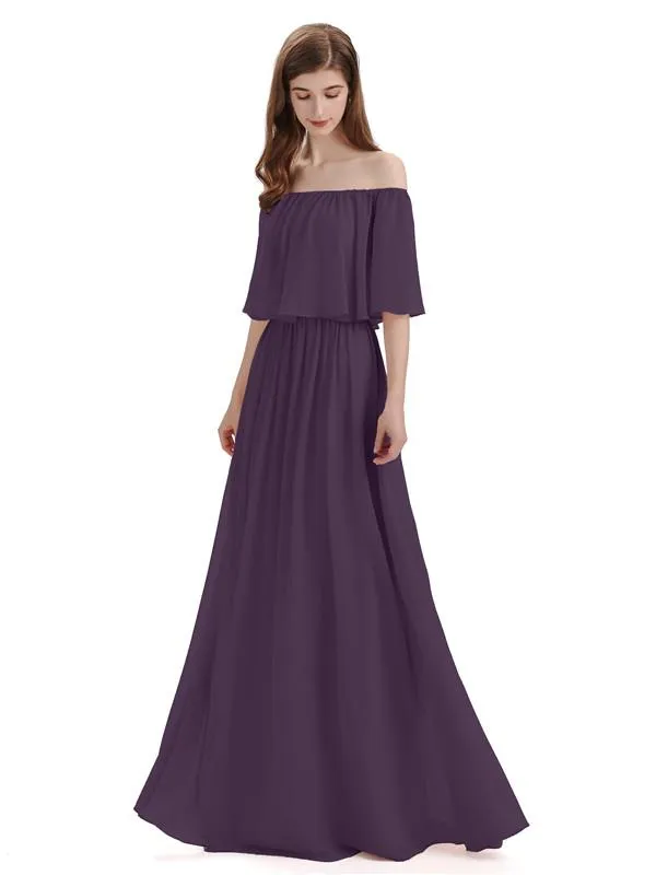 Simple A-Line Off The Shoulder Chiffon Long Bridesmaid Dresses