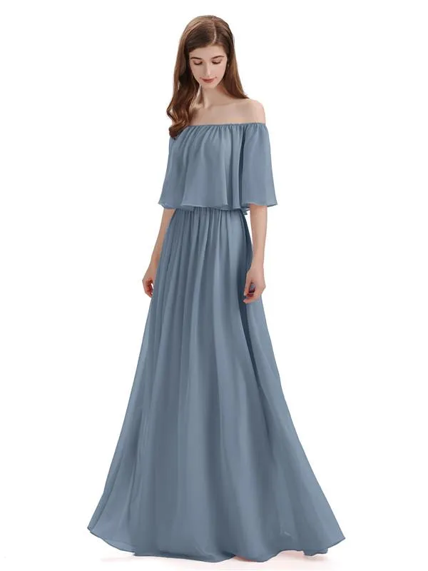 Simple A-Line Off The Shoulder Chiffon Long Bridesmaid Dresses