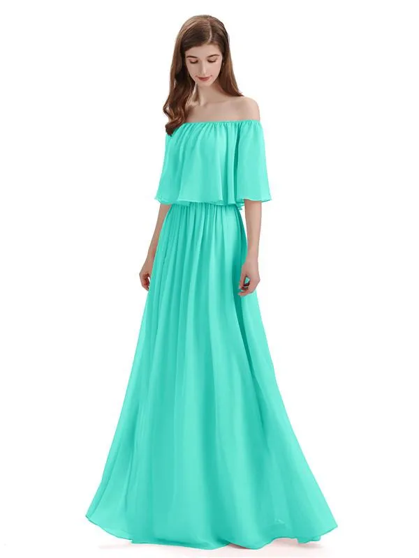 Simple A-Line Off The Shoulder Chiffon Long Bridesmaid Dresses