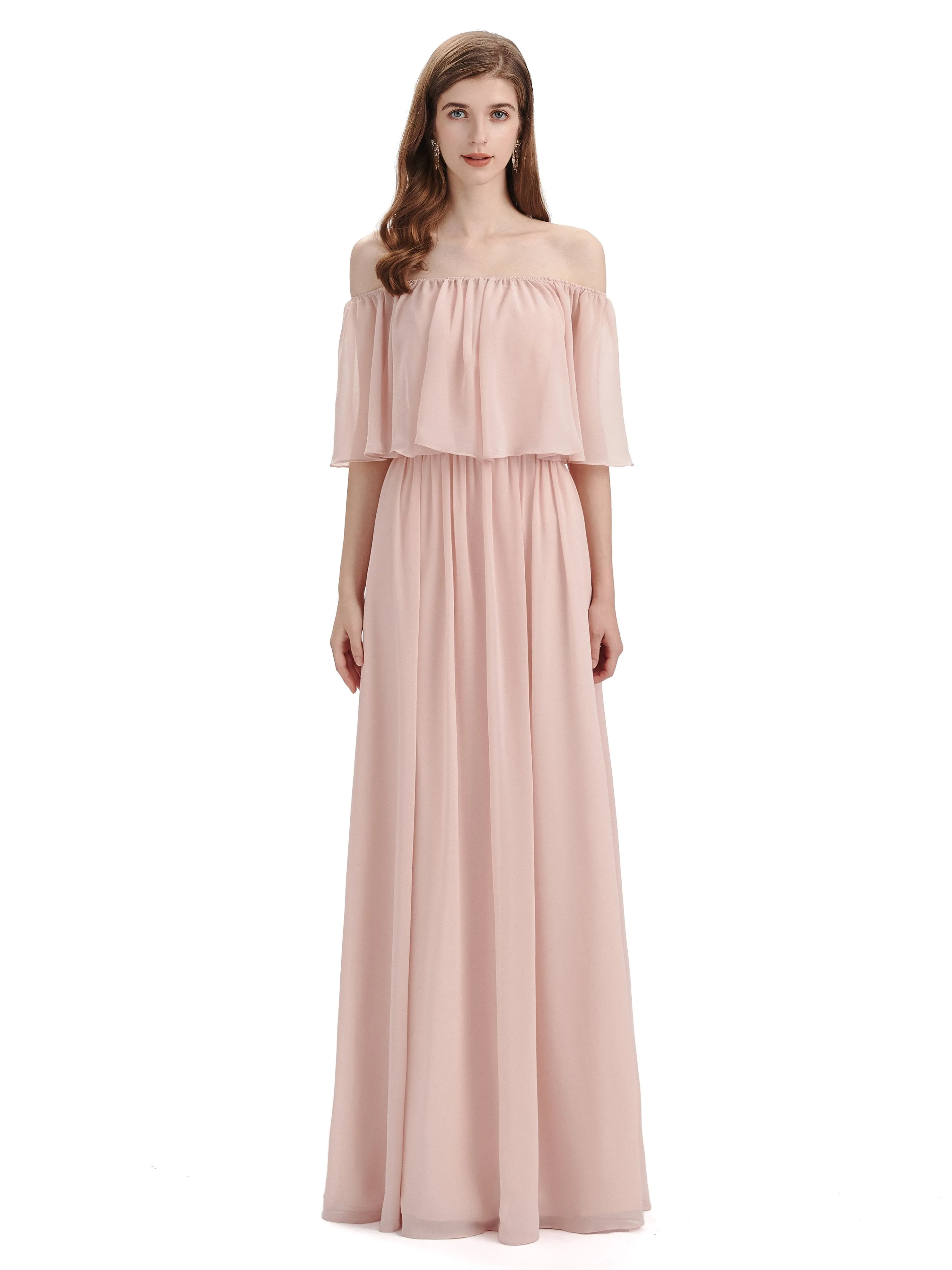 Simple A-Line Off The Shoulder Chiffon Long Bridesmaid Dresses