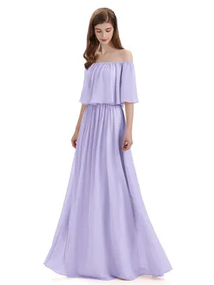 Simple A-Line Off The Shoulder Chiffon Long Bridesmaid Dresses