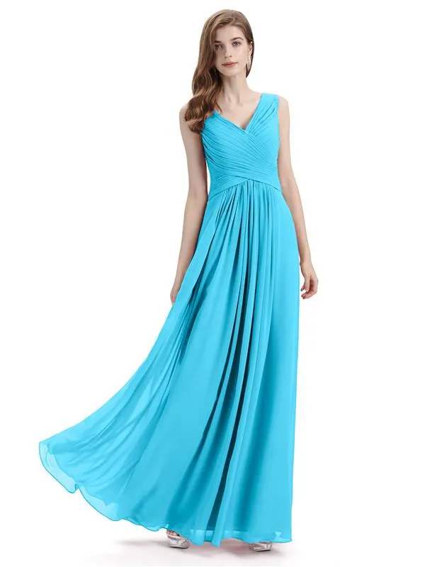 Simple V-neck Chiffon Floor-Length Long Bridesmaid Dresses