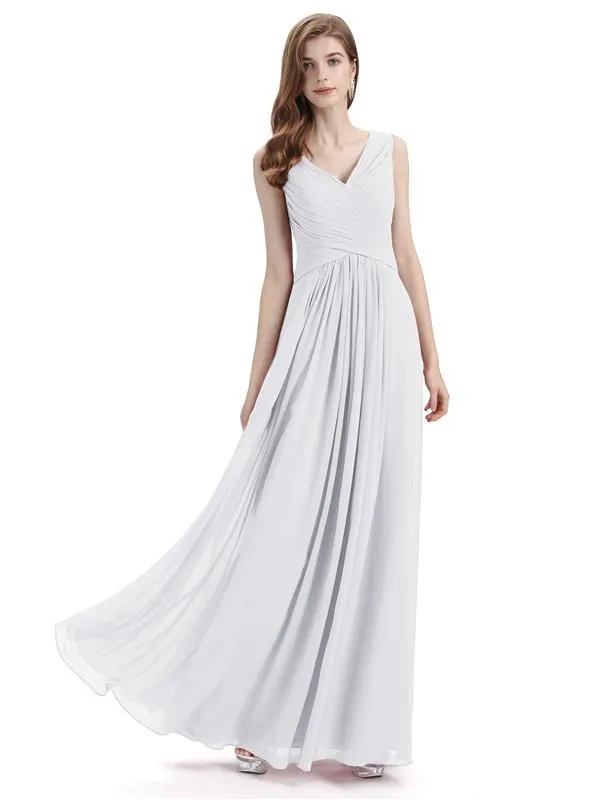 Simple V-neck Chiffon Floor-Length Long Bridesmaid Dresses