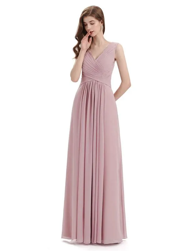 Simple V-neck Chiffon Floor-Length Long Bridesmaid Dresses