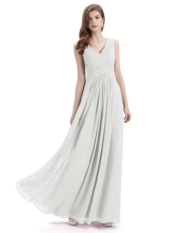 Simple V-neck Chiffon Floor-Length Long Bridesmaid Dresses