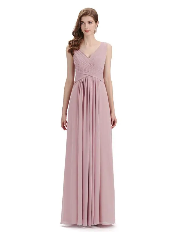 Simple V-neck Chiffon Floor-Length Long Bridesmaid Dresses