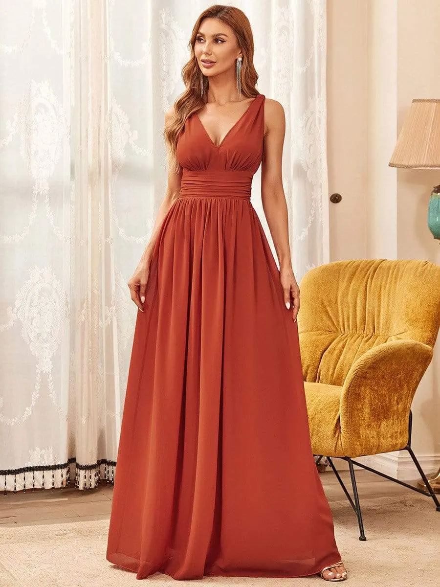 Sleeveless V-Neck Plain Maxi Chiffon Bridesmaid Dress