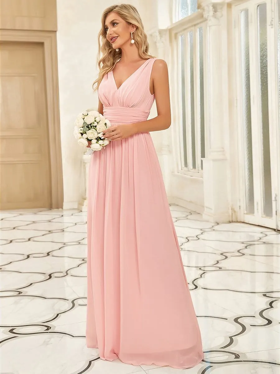 Sleeveless V-Neck Plain Maxi Chiffon Bridesmaid Dress