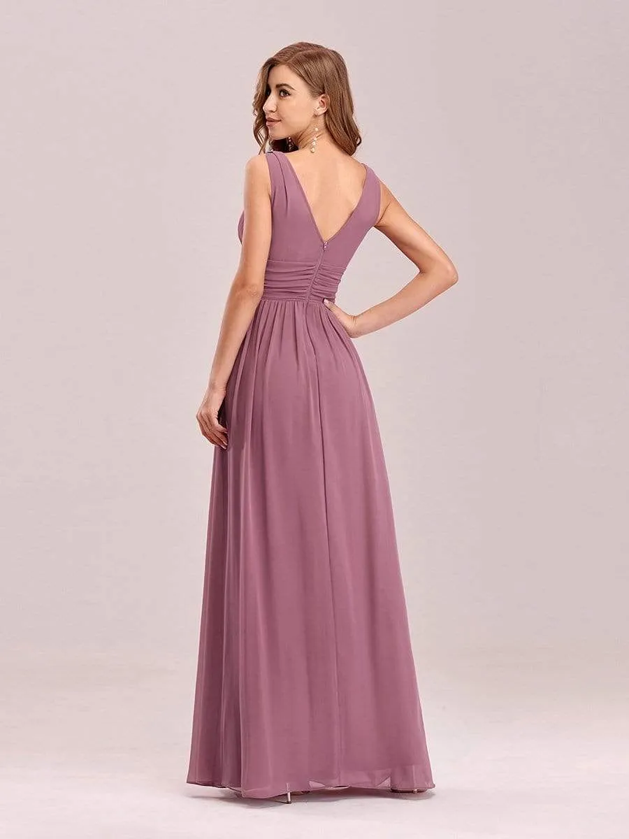 Sleeveless V-Neck Plain Maxi Chiffon Bridesmaid Dress