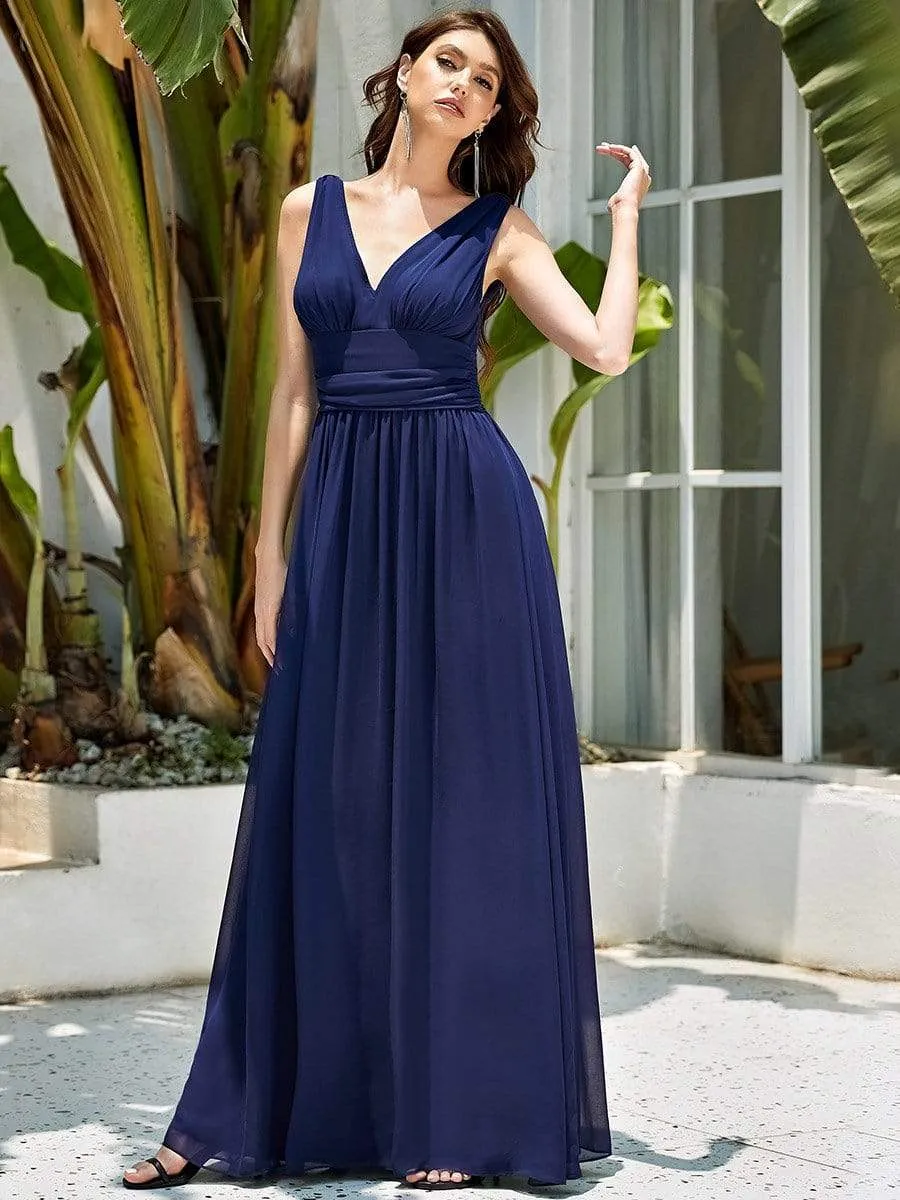 Sleeveless V-Neck Plain Maxi Chiffon Bridesmaid Dress