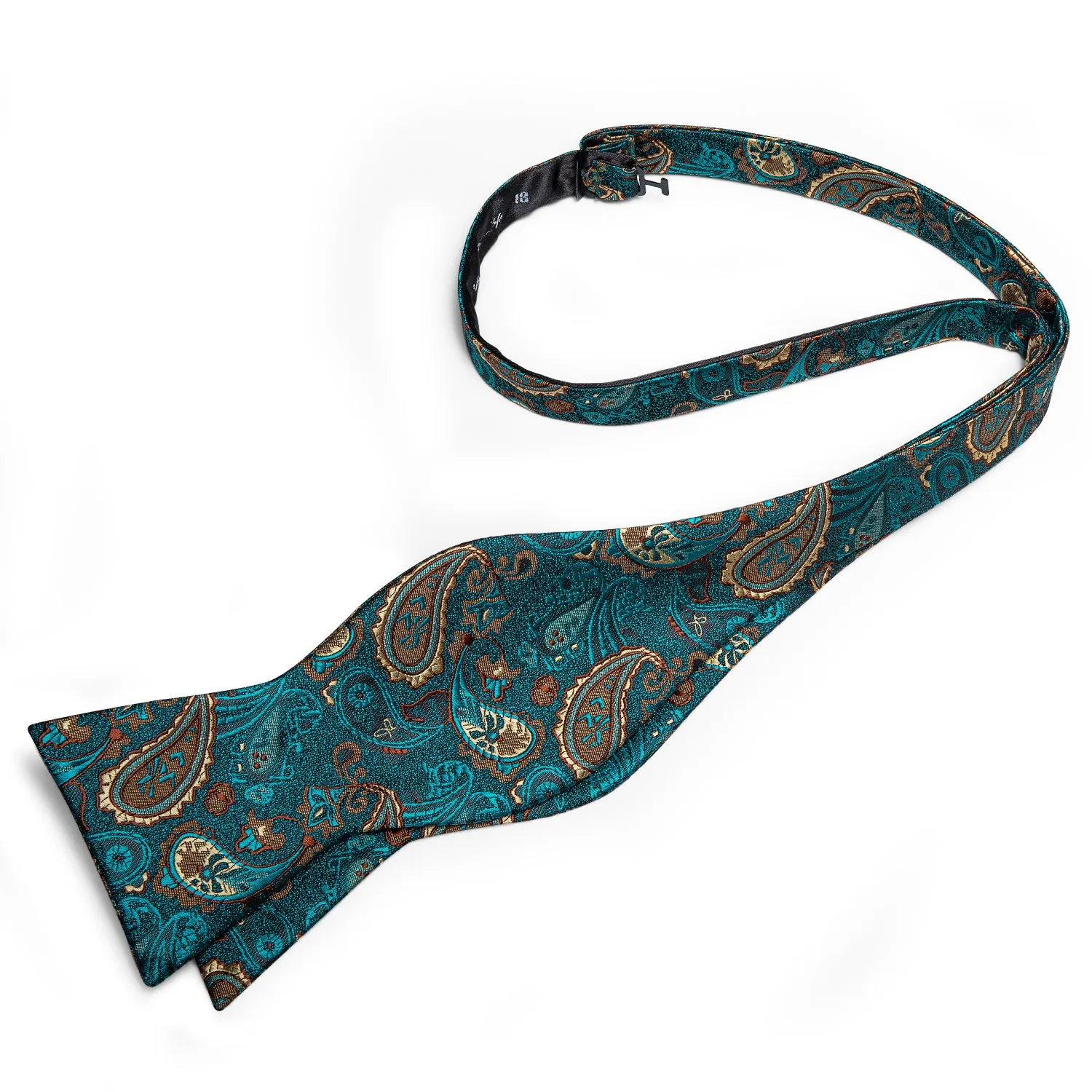 Teal Blue Yellow Self-Bowtie Paisley Pocket Square Cufflinks Set