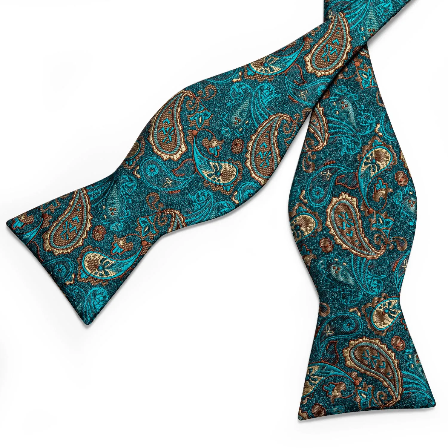 Teal Blue Yellow Self-Bowtie Paisley Pocket Square Cufflinks Set