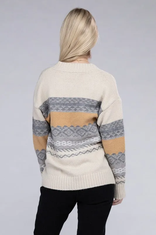 TEEK - Beige Multicolor Stripe V Neck Sweater