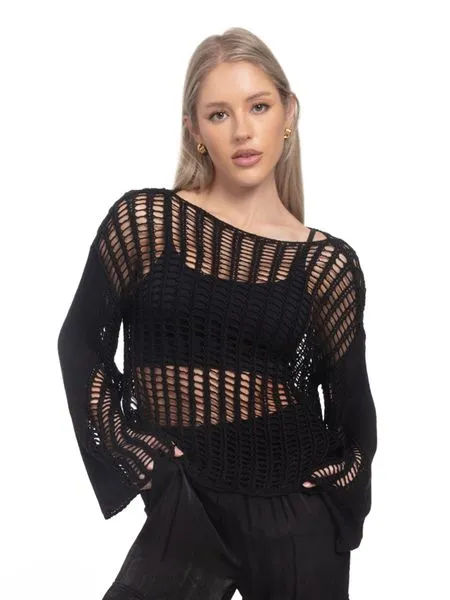 TEEK - Black Crochet Mesh Long Sleeves Beach Cover Up Top