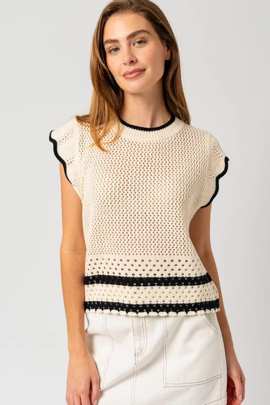 TEEK - Cream Black Ruffle Sleeveless Color Contrast Top