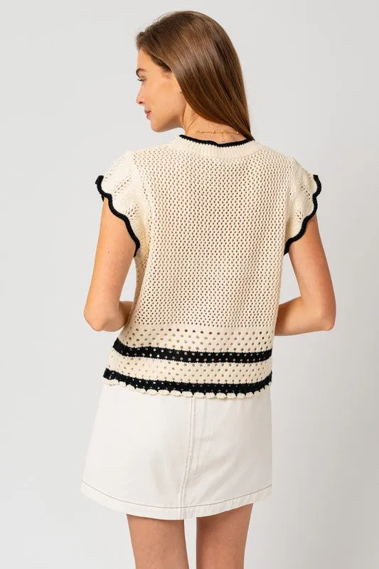 TEEK - Cream Black Ruffle Sleeveless Color Contrast Top