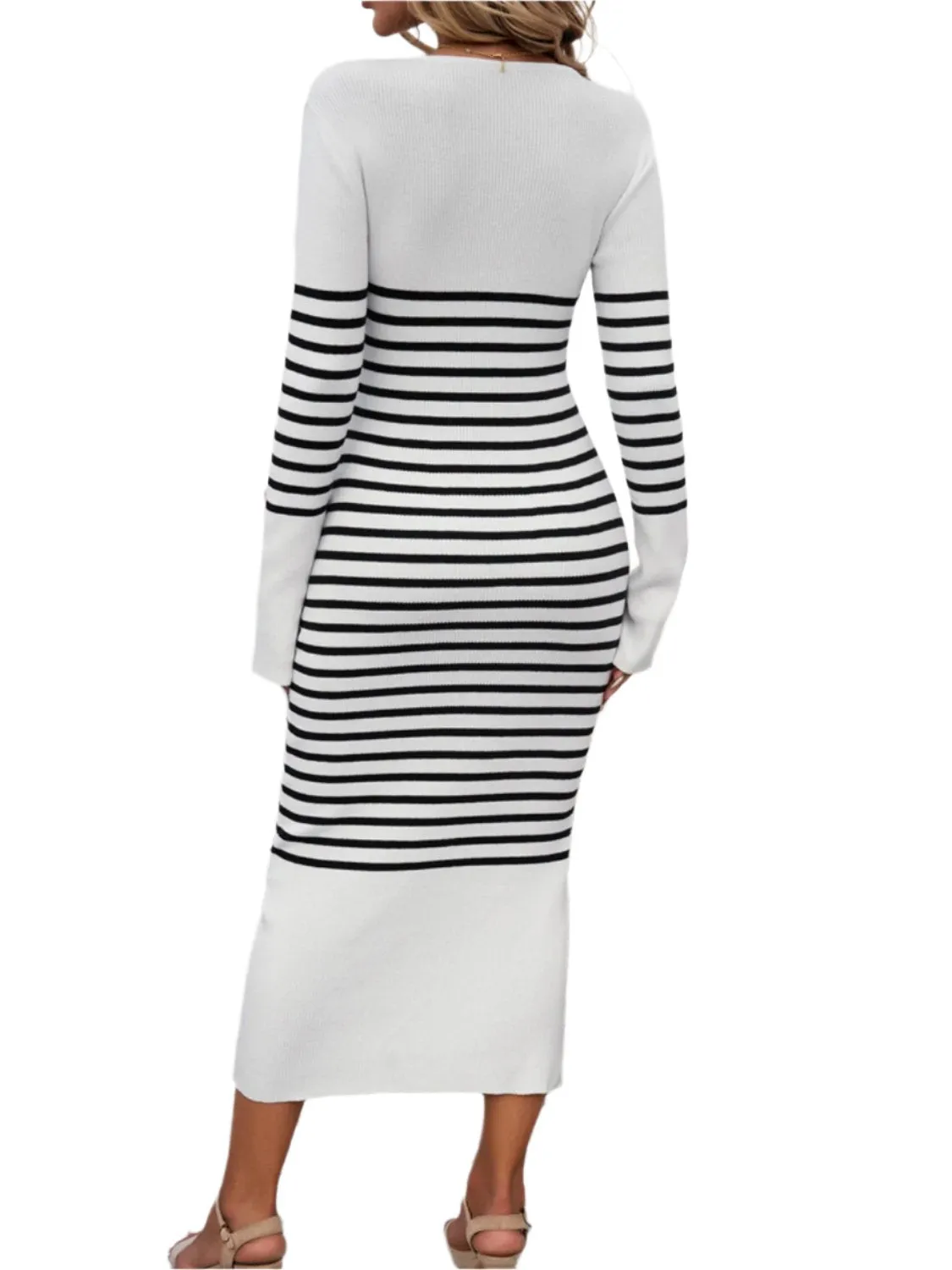 TEEK - Devine Striped V-Neck Long Sleeve Sweater Dress