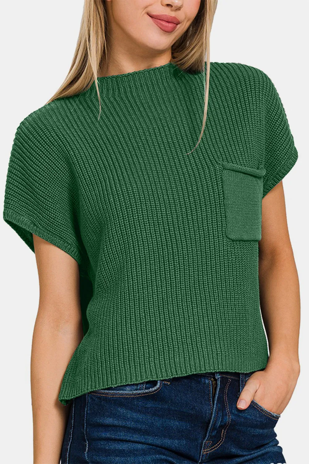 TEEK - Green Mock Neck Short Sleeve Cropped Sweater