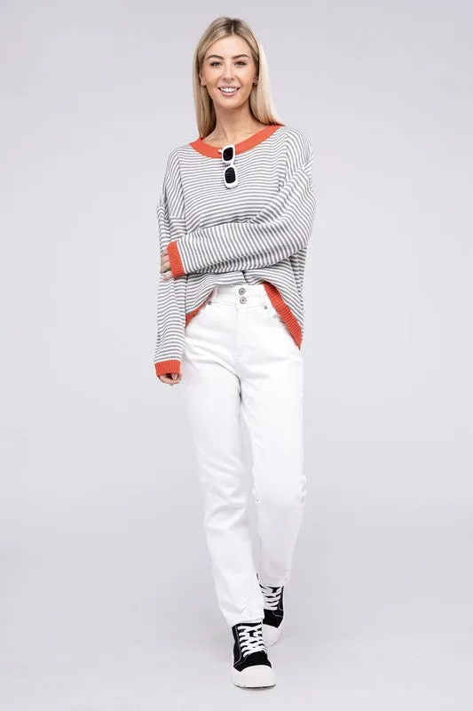 TEEK - Grey Striped Contrast Trimmed Knit Top