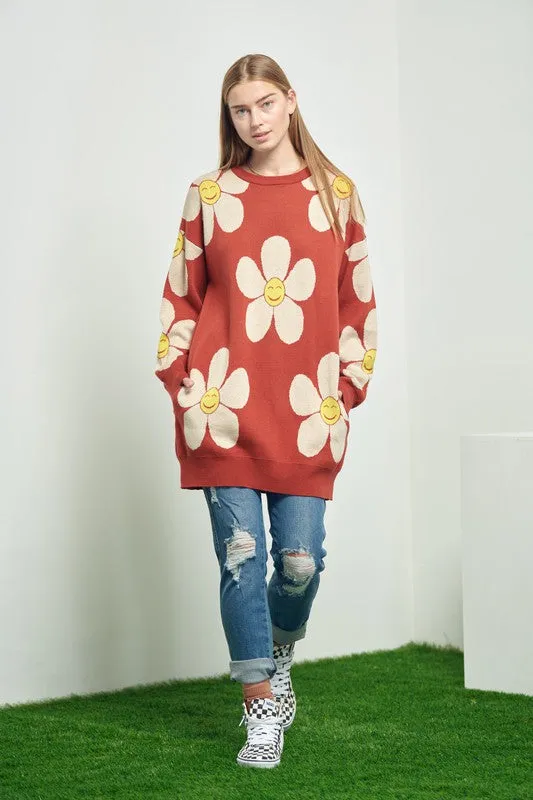 TEEK - HAPPY FACE FLORAL KNIT SWEATER