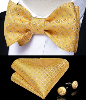 Yellow Blue Dots Silk Self-Bowtie Pocket Square Cufflinks Set